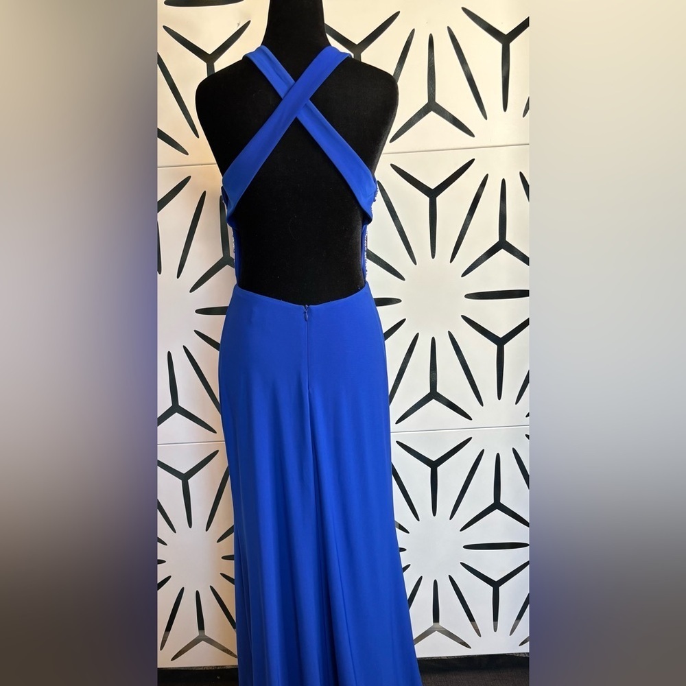 Morgan & Co Royal Blue Beaded Floor Length Gown w/ Side Slit – Sz 5/6 - Picture 6 of 12